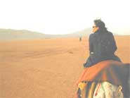 Samantha Constance on a camel in the desert.