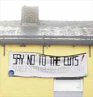 Banner: "Say 'no' to the cuts!"
