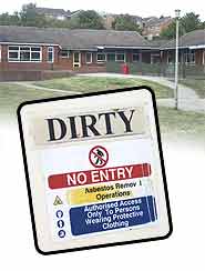 St Catherine's School and signpost: "DIRTY - NO ENTRY - Asbestos Removal Operations. Authorised Access Only To Persons Wearing Protective Clothing."