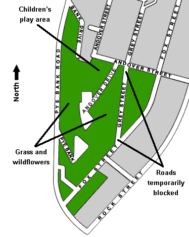 Map showing plans for the area, including a children's play area and green spaces of grass and wildflowers.