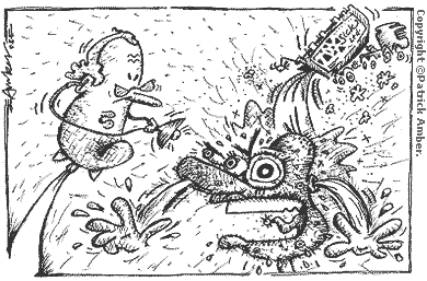 Cartoon (copyright Patrick Amber): A mutated patient visits his G.P. A dump truck empties garbage in the background.