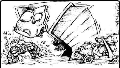 Cartoon: The New Deal SuperTruck battles with his arch enemies 'Monsta' truck and 'Rubbish' truck (Copyright Patrick Amber).