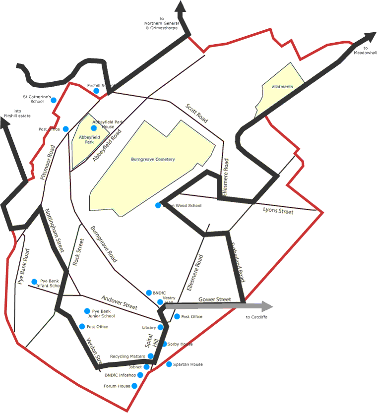 Map of Burngreave with bus routes shown.