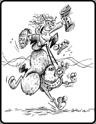 Cartoon of Kathryn riding a camel. By Patrick Amber.