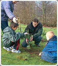 Young volunteers help plant trees at the start of the Community Forestry Project.