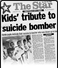 Cover of Star newspaper. Headline:  "Kids' tribute to suicide bomber".